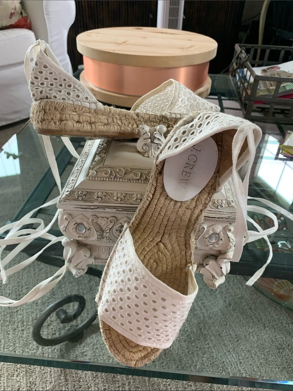 J. Crew White Eyelet Lace-Up Espadrille Sandals Size 7